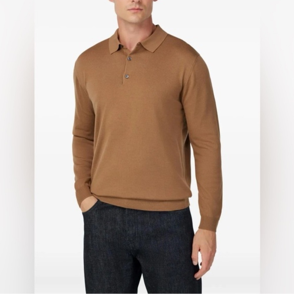 Brooks Brothers Men's Camel Brown Long-Sleeve Polo Merino Wool Classic Luxurious